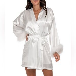In Bloom Elegant White Satin Beide Robe with Feather Trim